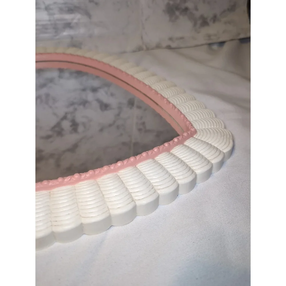 Vintage 80s Homco Mirror Wicker White Resin w/Pink Trim Heart Shaped 16
